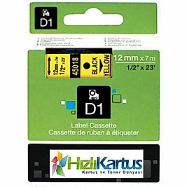 Dymo D1 45018 Sarı Üzerine Siyah Muadil Etiket Şeridi 12mm x 7m